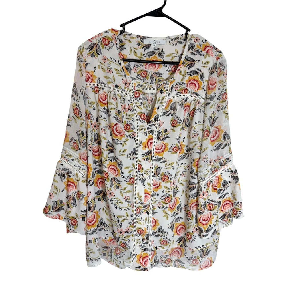 Fever 1X White Floral Bell Sleeve Blouse Crochet Trim Boho Cottagecore Peasant